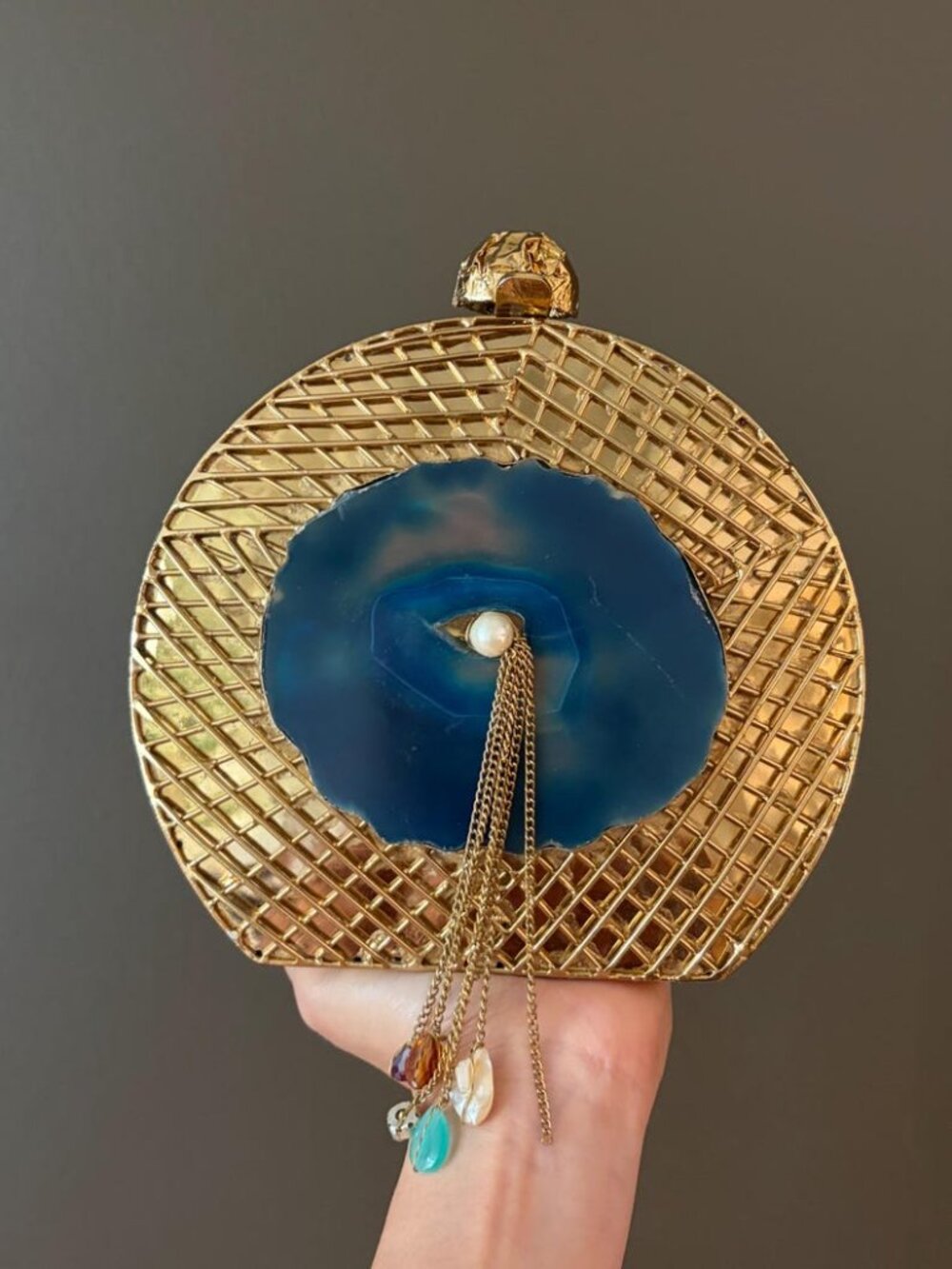 Blue Agate Gold Evening Clutch with Pearl Tassel | Round Statement Purse